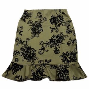 Y2K Vintage Velvet Rose Brocade Peplum Pencil Skirt (Olive/Black) Size Medium